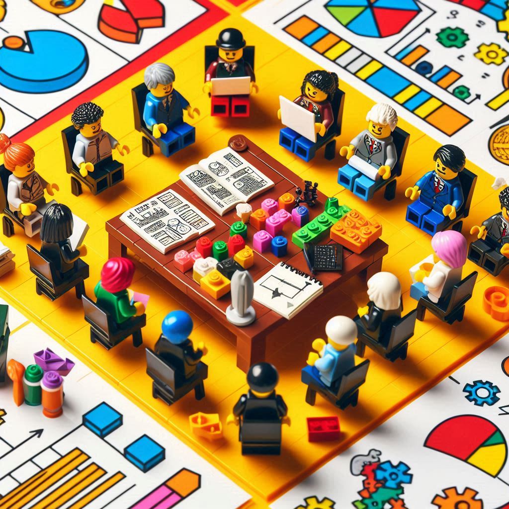 Una escena vibrante y estratégica con figuras de LEGO. El tema central es la negociación. Muestra dos o tres figuras de LEGO (diversas, profesionales, de negocios) sentadas alrededor de una mesa de negociación construida con LEGO, con elementos como bloques de construcción, engranajes o piezas que simbolizan ideas y soluciones. Una de las figuras de LEGO está señalando un plan o un diagrama complejo (también hecho de LEGO) que representa la "preparación" o una "estrategia" detallada. El ambiente es colaborativo pero enfocado, con un sentido de construcción hacia un acuerdo. Los colores son brillantes y limpios, característicos de LEGO. La iluminación es clara y optimista. El estilo debe ser 3D, como si fuera una fotografía de un diorama de LEGO.